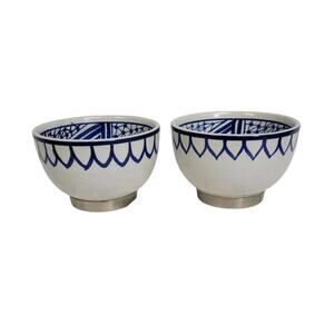 Pair Of Zodax White & Blue Design Ceramic Stainless Steel Base Cereal Soup Bowl